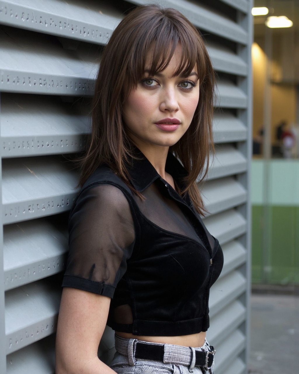 A high-resolution photograph of olga_kurylenko standing against a modern,  industrial-style wall made of metal slats. The...