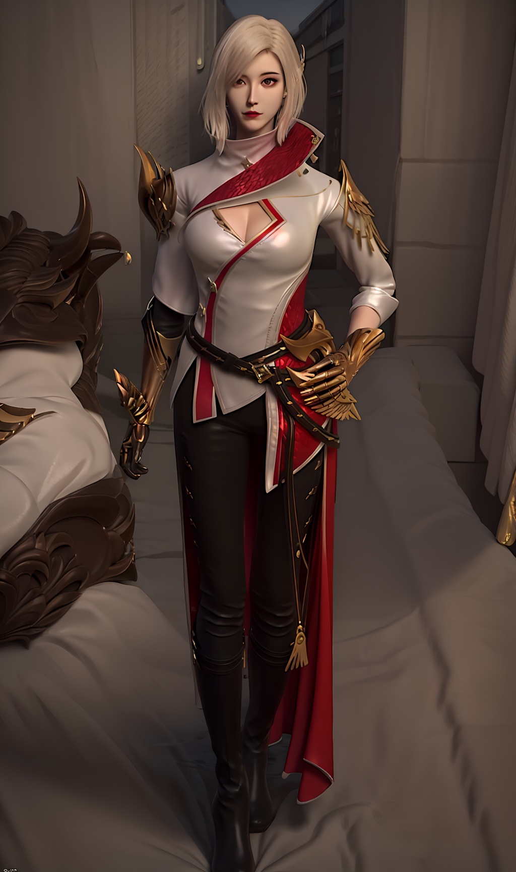 3D,masterpiece,(best quality),(makeup),official art, extremely detailed cg 8k wallpaper,((crystalstexture skin)), (extremely delicate and beautiful),(highly detailed),(face),(collar),(gold_trim),(1girl), (solo), (jewelry), (earrings),(white_hair),(short_hair),(hair_ornament),(handwear),(breasts),(cleavage),((standing)),((full_body,whole_body)),(closed_mouth),(black_pants),,(long_skirt),(multicolored_clothes),(multicolored_dress),(shiny_clothes),(tight_pants),(city,outdoor,bed),(long_legs),(jacket),,(gauntlets),(armor),(shoulder_armor),,((looking_at_viewer)),((Facing the camera)),(boots),(black_footwear),(leather_boots),, <lora:hipoly3DModelLora_v10:0.3>