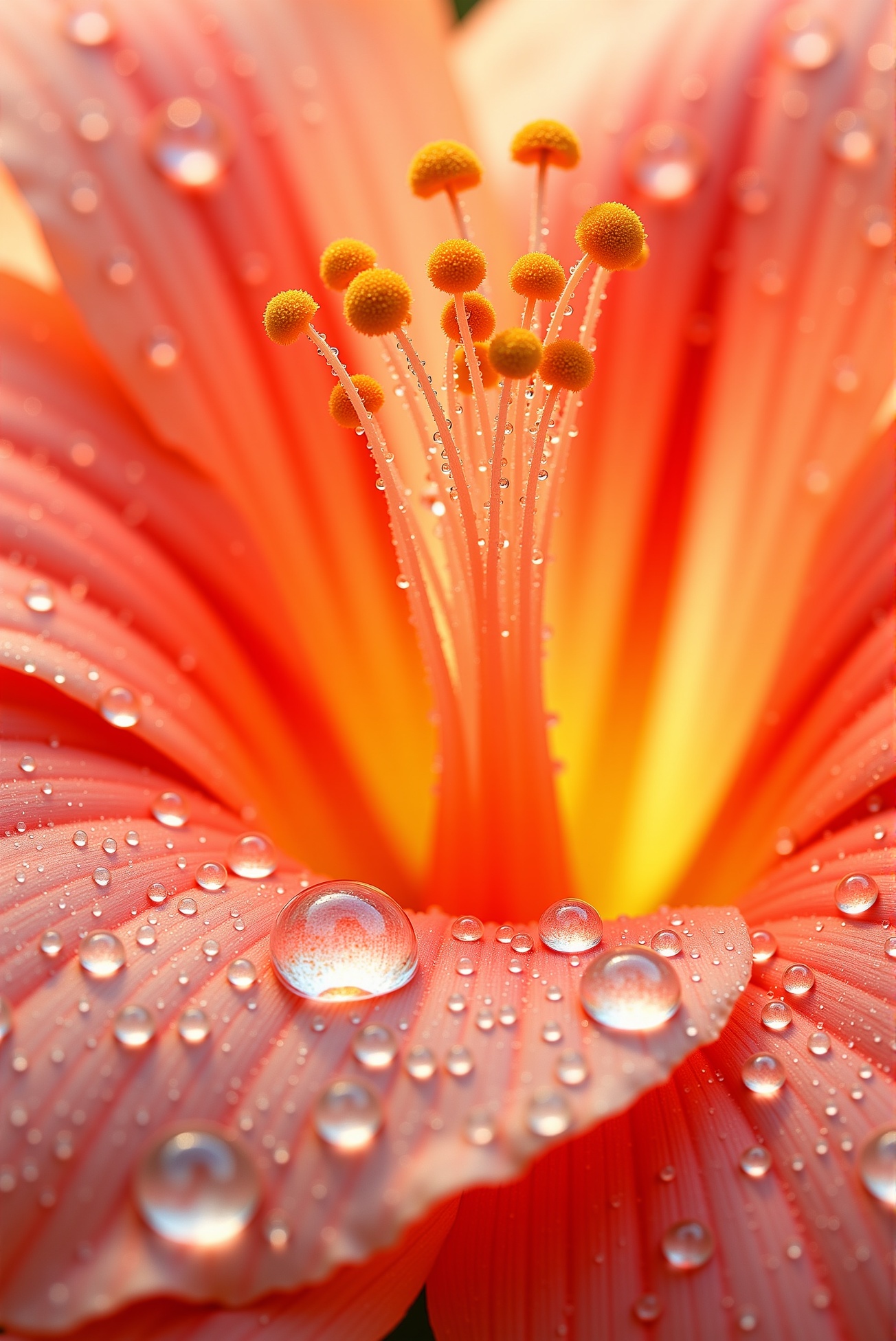 ShinyDroplets style. A radiant macro of a coral-hued bloom,  its translucent petals veined with peach and apricot gradient...