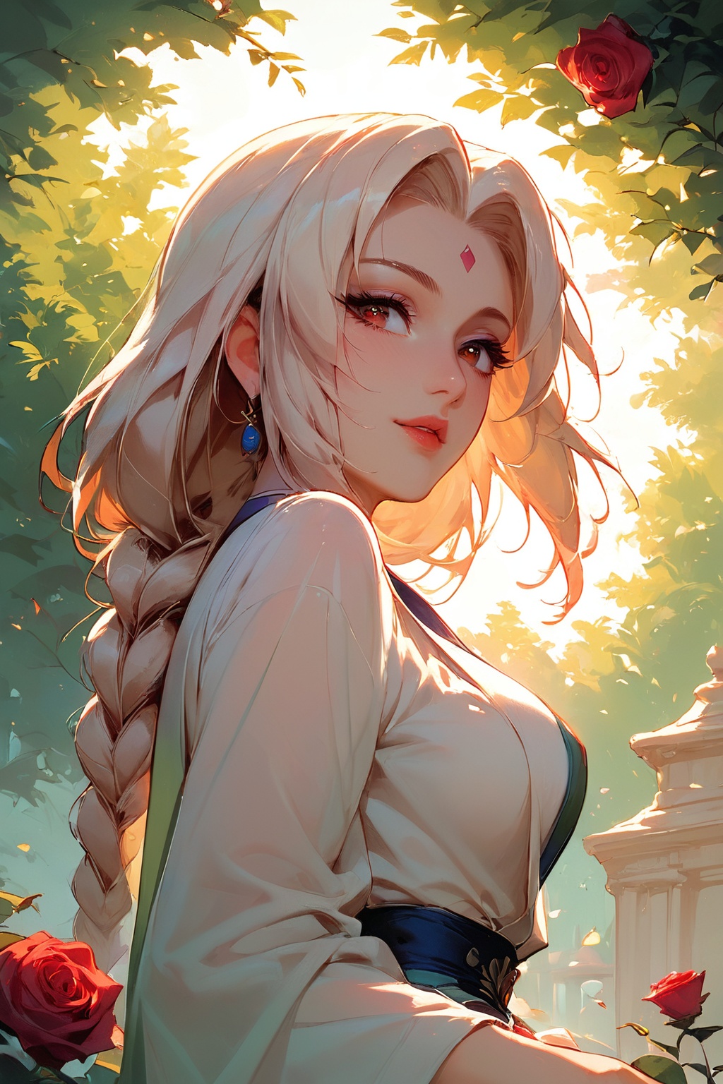 score_9,score_8_up,score_7_up,Tsunade,focus,beautiful eyes,bunches,braid,white hair,park,rose,from_below,cowboy_shot,soft lighting,