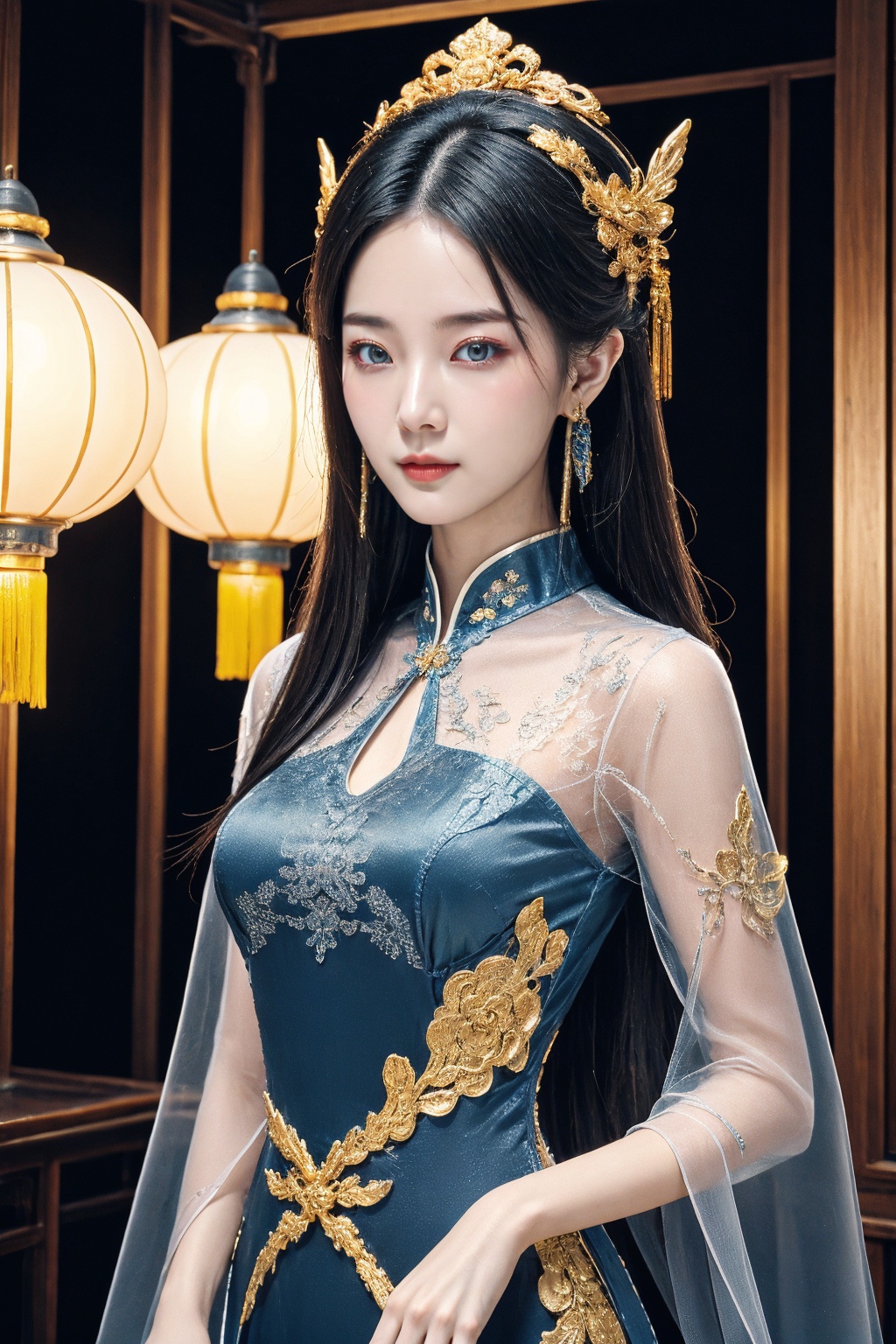 girl,upper body,long hair,reality,looking at viewer,earrings,hair ornament,see-through blue china dress,chinese style,