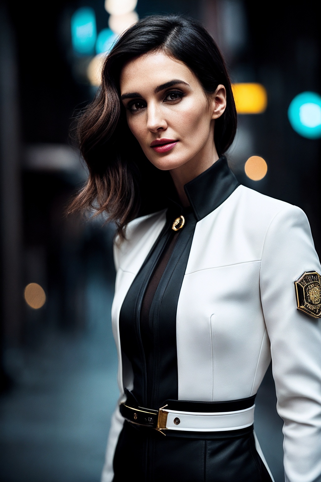 PazV_SoloTI_v1,  (In a sleek uniform of jet-black fabric with white accents and a distinctive badge,  adorned with a utili...