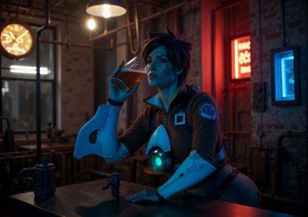Tracer is a woman having a beer in a cyberpunk pub,  neon lights on Tensor.Art