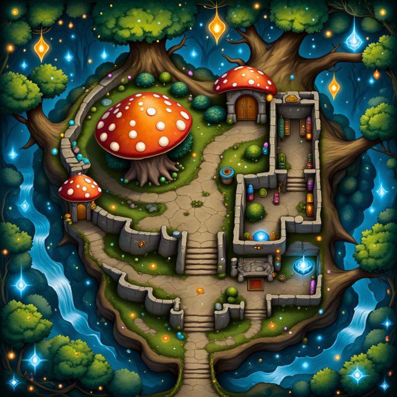 A vibrant,  detailed digital artwork of a fantastical,  whimsical dungeon map. Top-down view. The scene is set in a mystic...