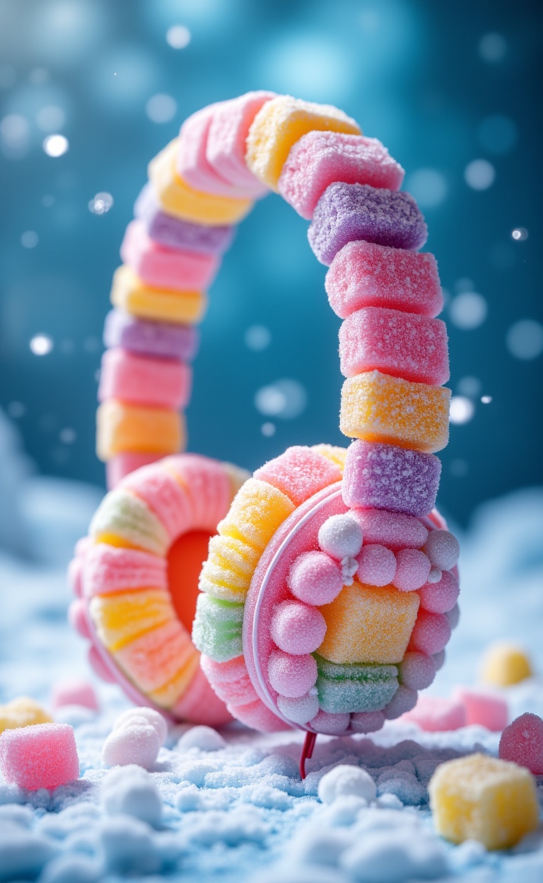 Miluo_tgsj, this is a whimsical photo of headphones made entirely of colorful and textured gummies stacked in a cone shape.. The border of the phone is sprinkled with white sugar crystals to make it look shiny. The background is a dreamy, unfocused winter scene with a gradient of blue and white, enhancing the festive and magical feeling. Snowflakes slowly fall, adding a touch of winter atmosphere. The ground is covered with white sugar crystals, reflecting the sweet texture of the phone. The overall composition is bright and vibrant, with a playful and cheerful aesthetic. This photo captures the joy and creativity of the festival through vivid colors and sweet texture.<lora:miluo丨糖果世界-flux-1.3:1>