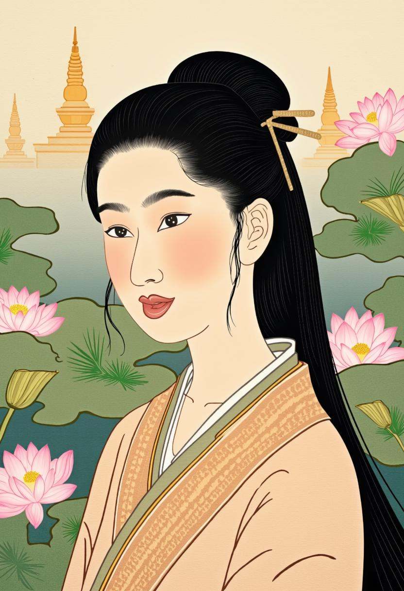 a portrait of a Thai woman inspired by Shunga art. The woman has smooth tan skin,  high cheekbones,  and a gentle on Tenso...