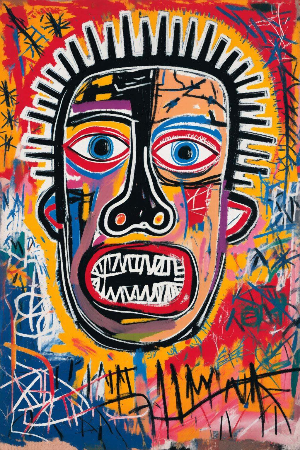 jeanmichelbasquiat2q painting.A color painting featuring a face in the center with large,  almond-shaped eyes in red,  ora...