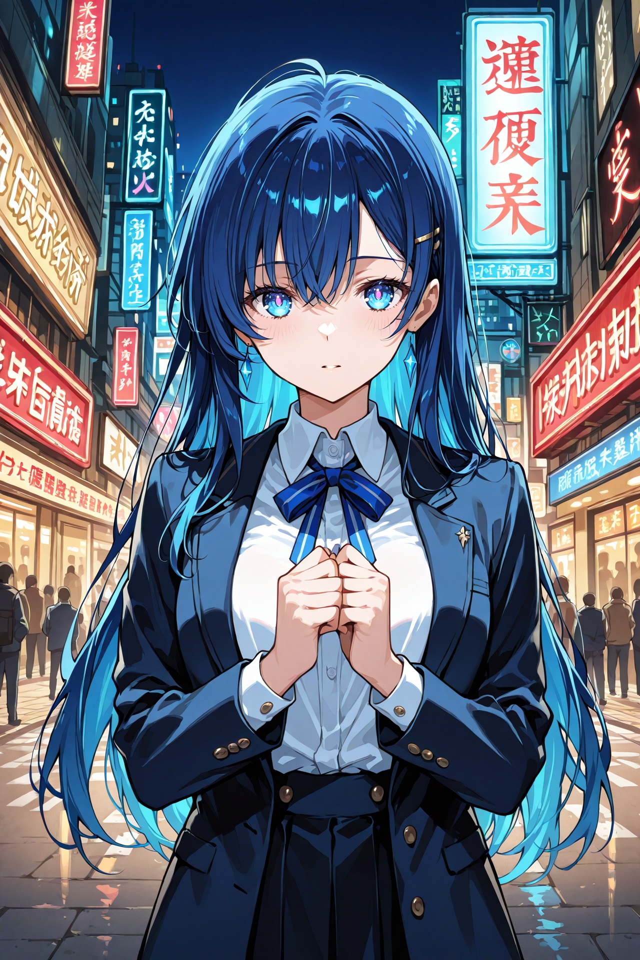 1girl with vibrant blue hair is looking directly at the viewer with a gentle expression. She stands in the middle of a liv...