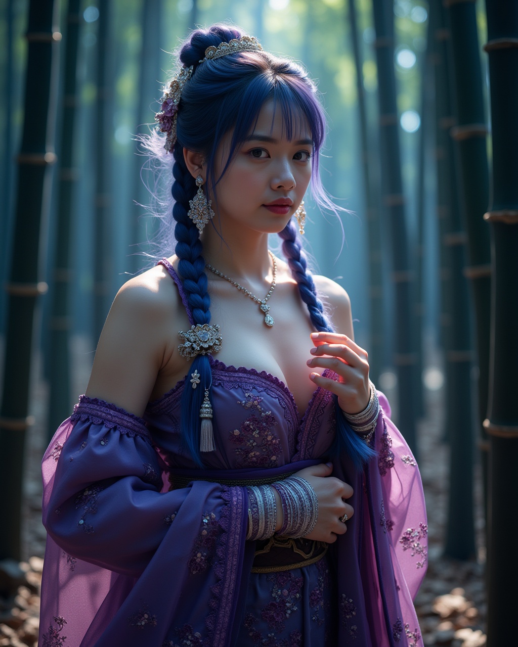 This is a portrait of a young woman set against a backdrop of bamboo forest,  with the addition of a Tyndall effect that s...