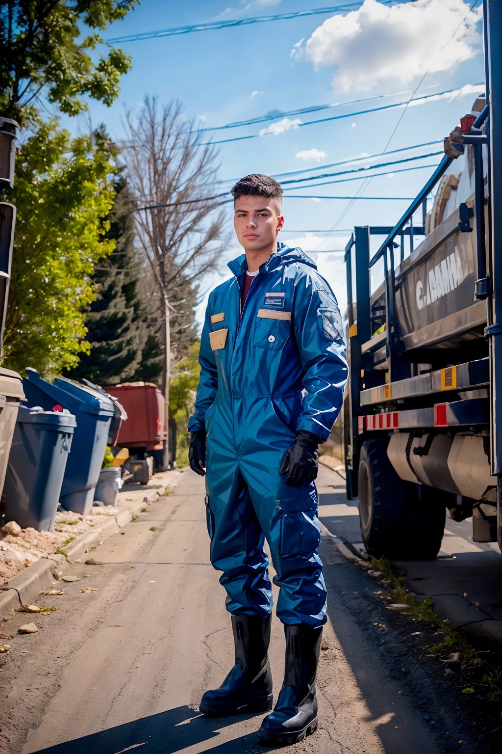 alley of a suburban neighborhood,  garbage cans on sidewalk,  (standing behind a garbage truck) on Tensor.Art