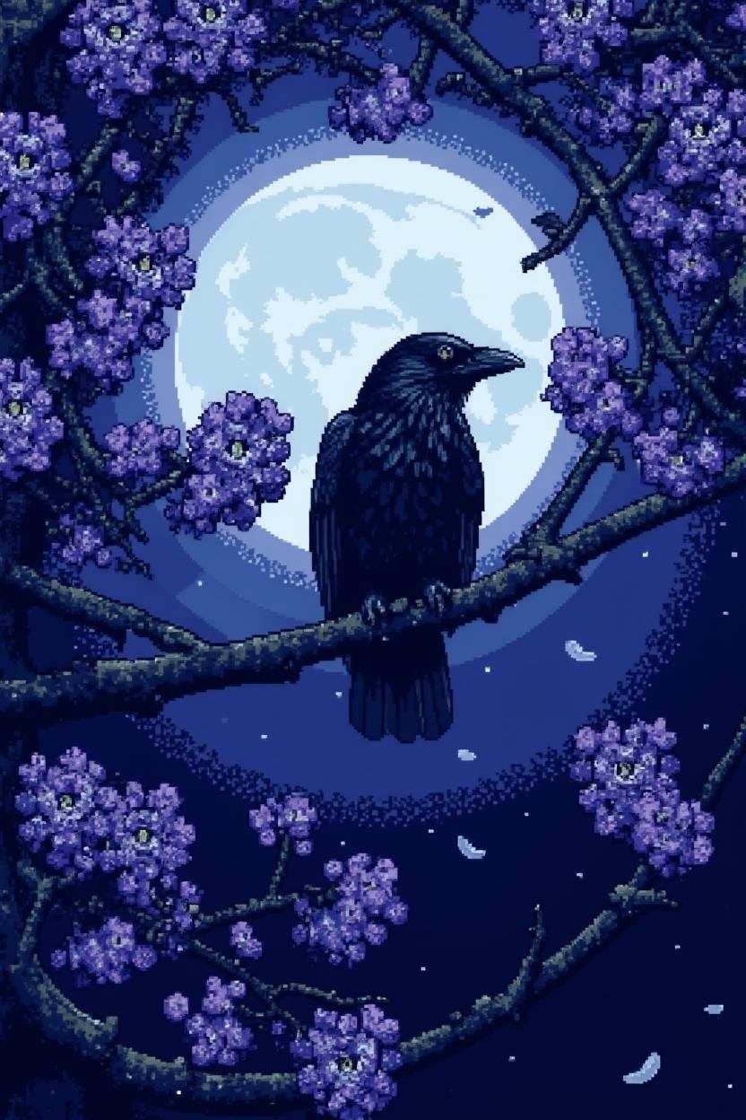 ck-8bit-gameboyUnder the full moon,  a black raven perches on a branch,  surrounded by purple flowers and cherry blossoms...