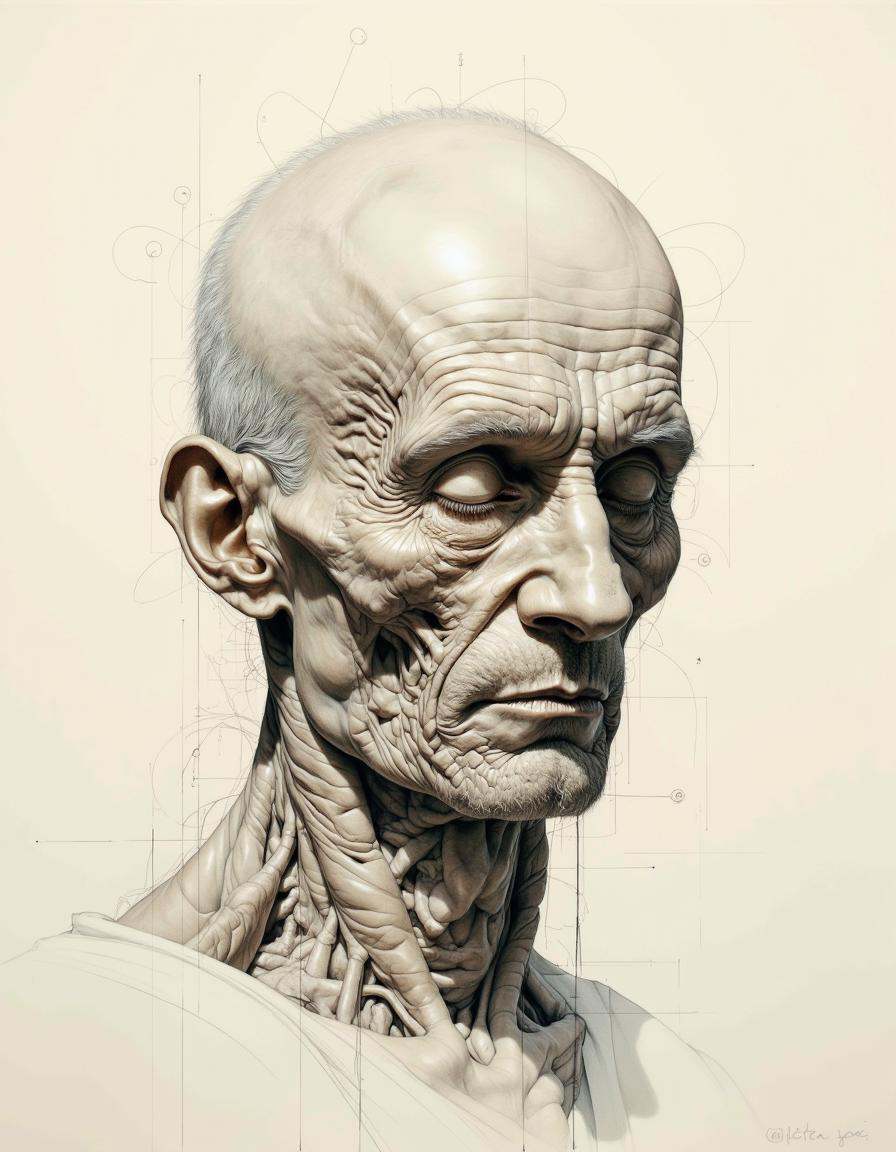 Portrait by Dorota Pietrowiak. The image is a highly detailed,  hyper-realistic drawing of an elderly man's head and neck,...