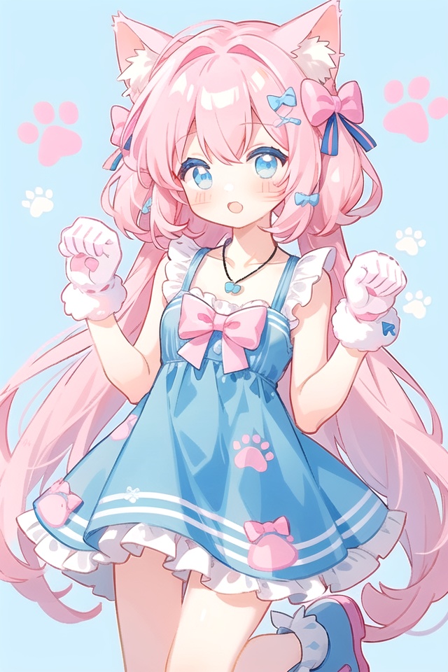 masterpiece,best quality,1girl,solo,cat ears,pink hair,blue eyes,pink and blue dress,paw prints,bell necklace,paw gloves,paw shoes,pastel colors,kawaii style,pink bow,blue bow,cat paw face marks,friendly and warm,