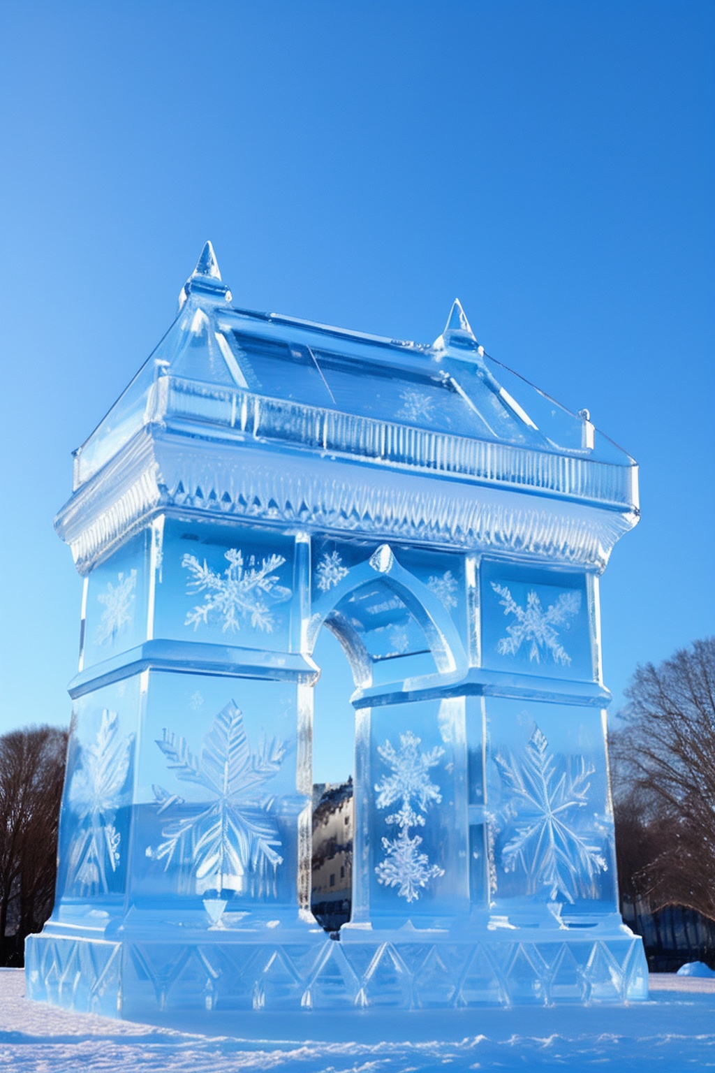 miluo_bing, scenery, no humans, outdoors, sky, snow, blue sky, tree, building, winter, day, ice sculpture <lora:万物可冰雕sd1.5-v1.4:0.7>