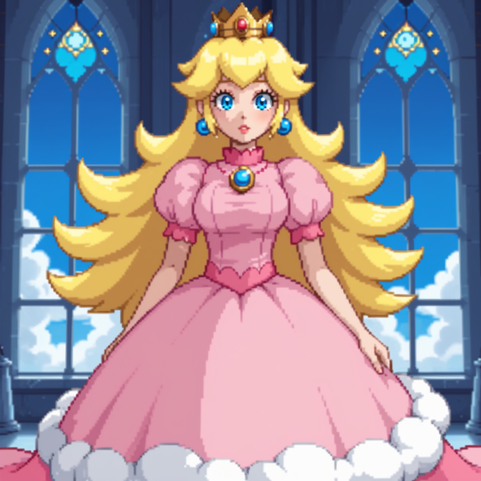 princess peach day dreaming in her room while looking out her castle window,  blue sky fluffy clouds,  pink dress on Tenso...