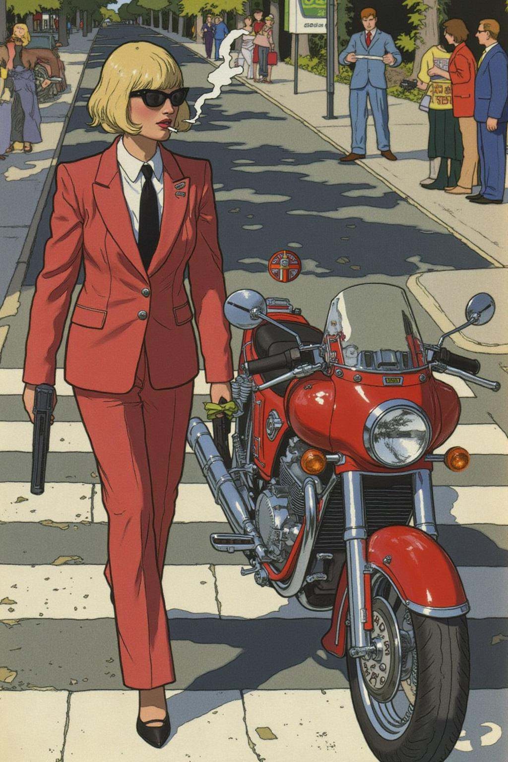 ivanbilibin1 illustration. Overhead shot of an Blonde woman walking away from a futuristic motorcycle parked at a zebra cr...