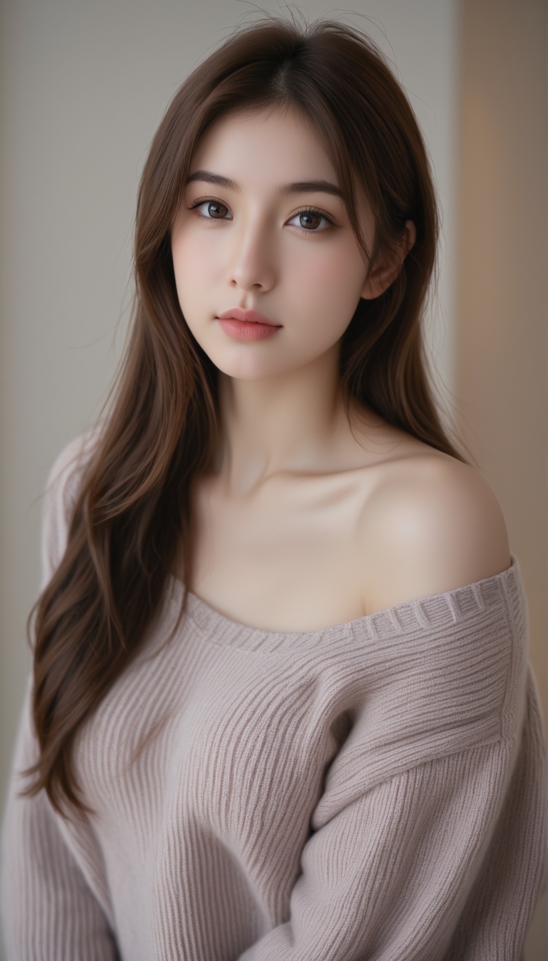 A young woman with fair skin and long,  straight brown hair styled in a loose ponytail with some strands framing her face....
