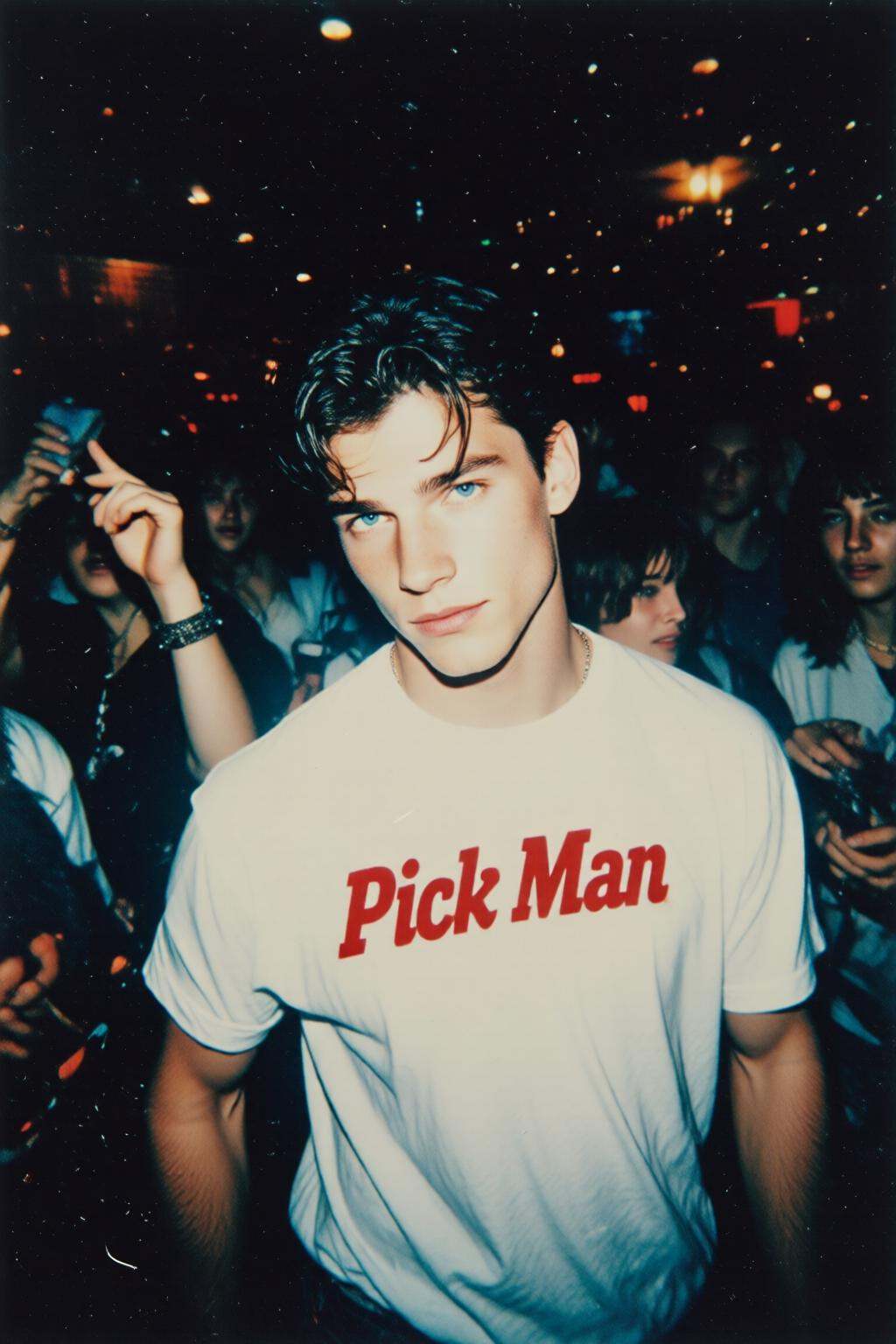 midjourneymix10q photograph.A young man with dark,  short,  slick hair and blue eyes in a white t-shirt with the text "Pic...