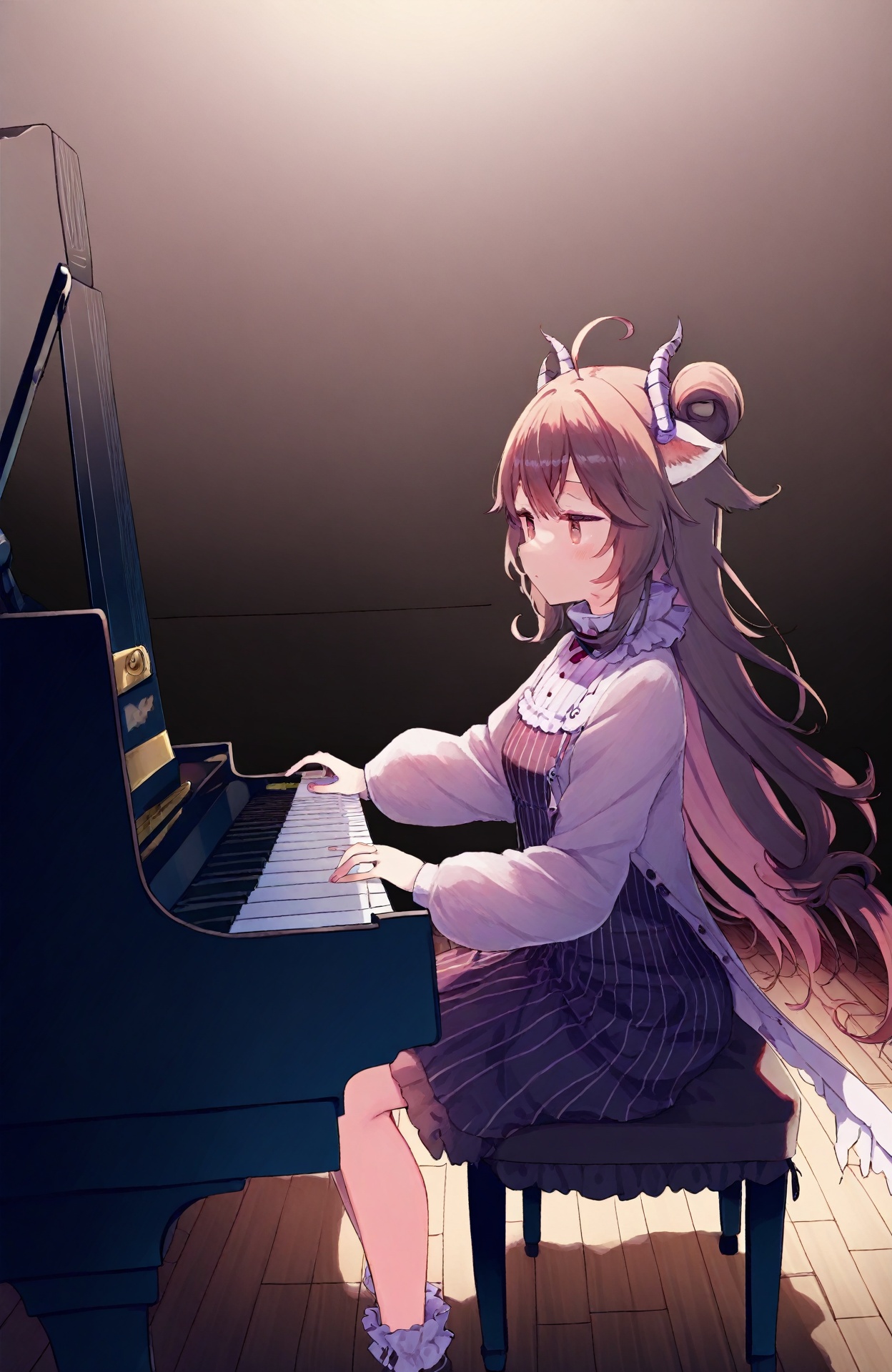 1girl,solo,kuse \(0201\),cream \(nipakupa\),hiten \(hitenkei\),rurudo,weri,toosaka asagi,eyjafjalla \(arknights\),hat,jitome,playing instrument,<lora:instrumentsXL:1>,grand piano, sitting, from side,, masterpiece, newest, absurdres,safe