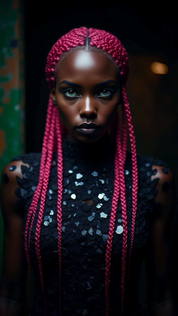Eye-catching,  In a dimly lit room,  a Shanola Hampton with long Pink hair and piercing green eyes gazes intently at the c...