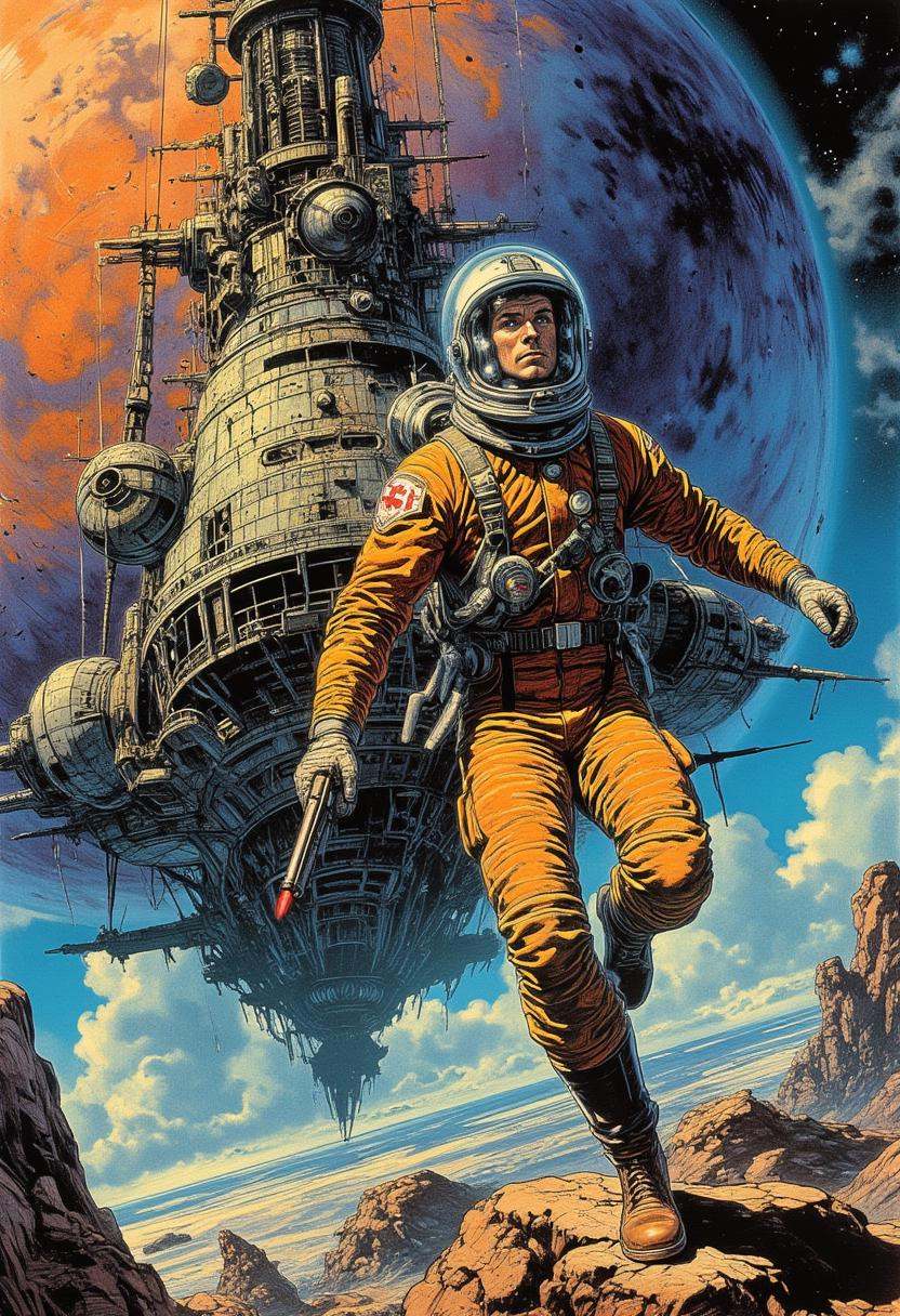 comic book art,  a handsome male astronaut wearing sleek modern spacesuit holding a retro laser pistol on (A massive,  anc...