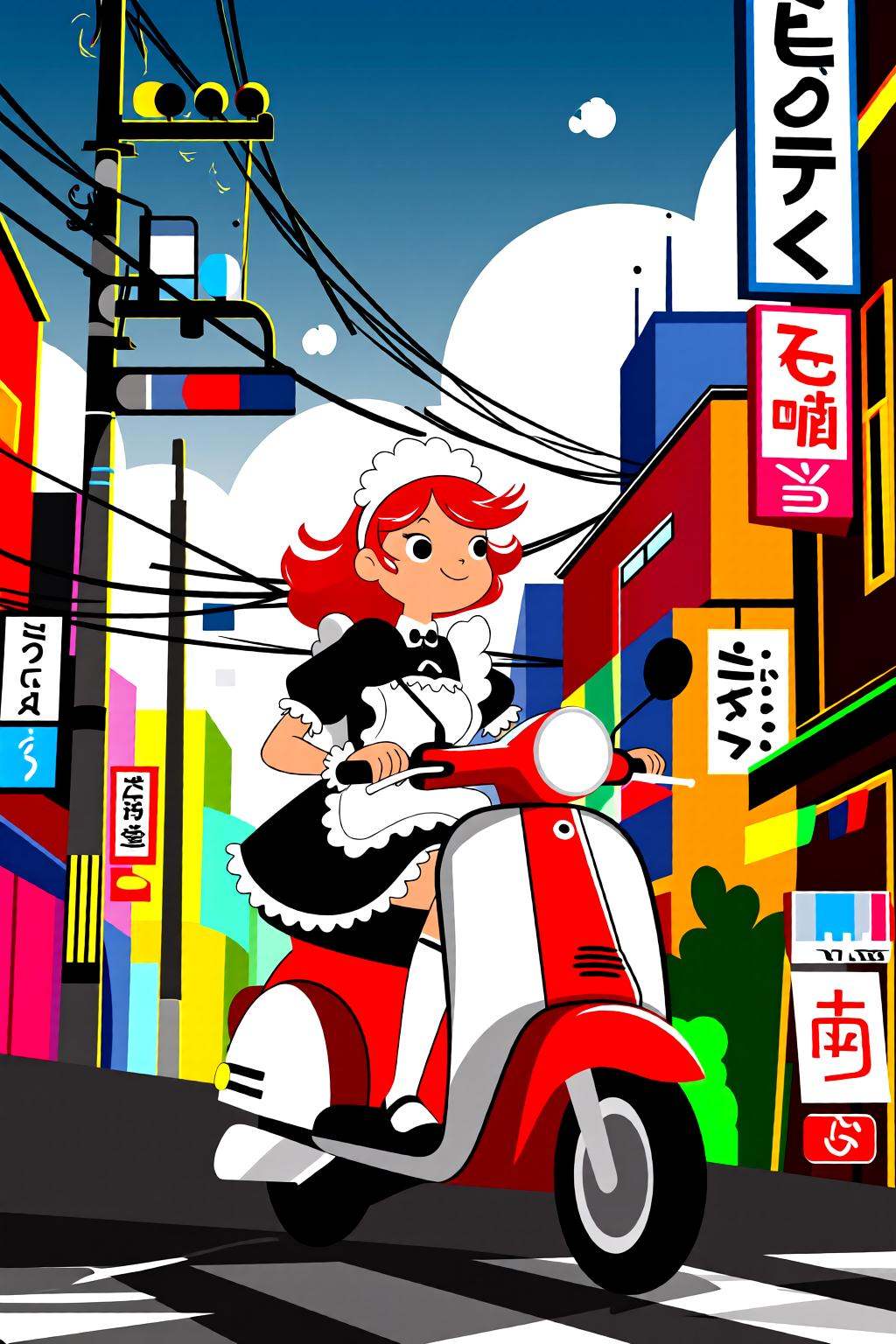 flatcolorvectorart2q illustration.A girl is riding a red and white scooter through a bustling urban environment in Japan....