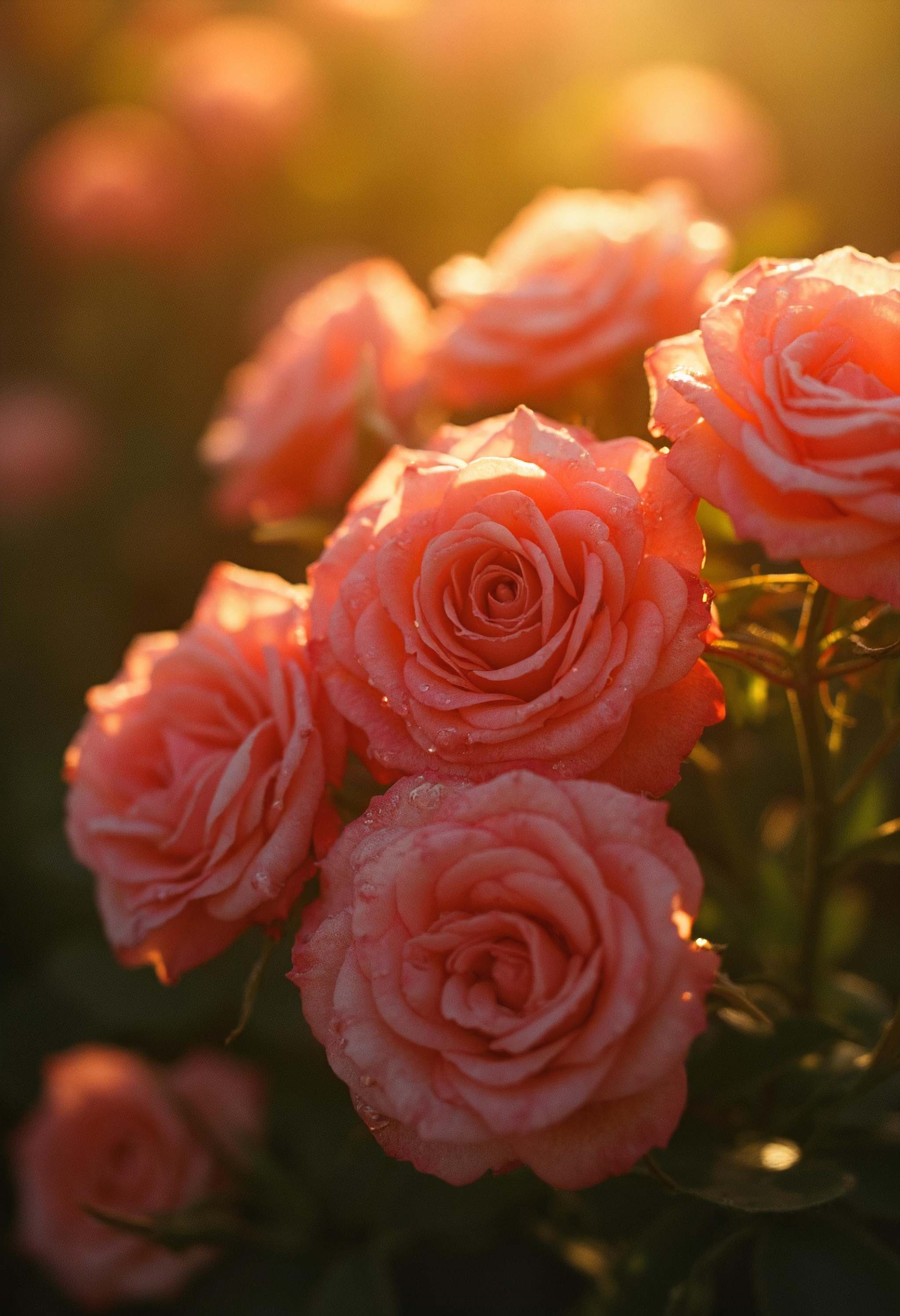A close-up of a bush of roses gleaming in the sunlight,  their petals vivid and dewy. The roses are bathed in warm,  golde...