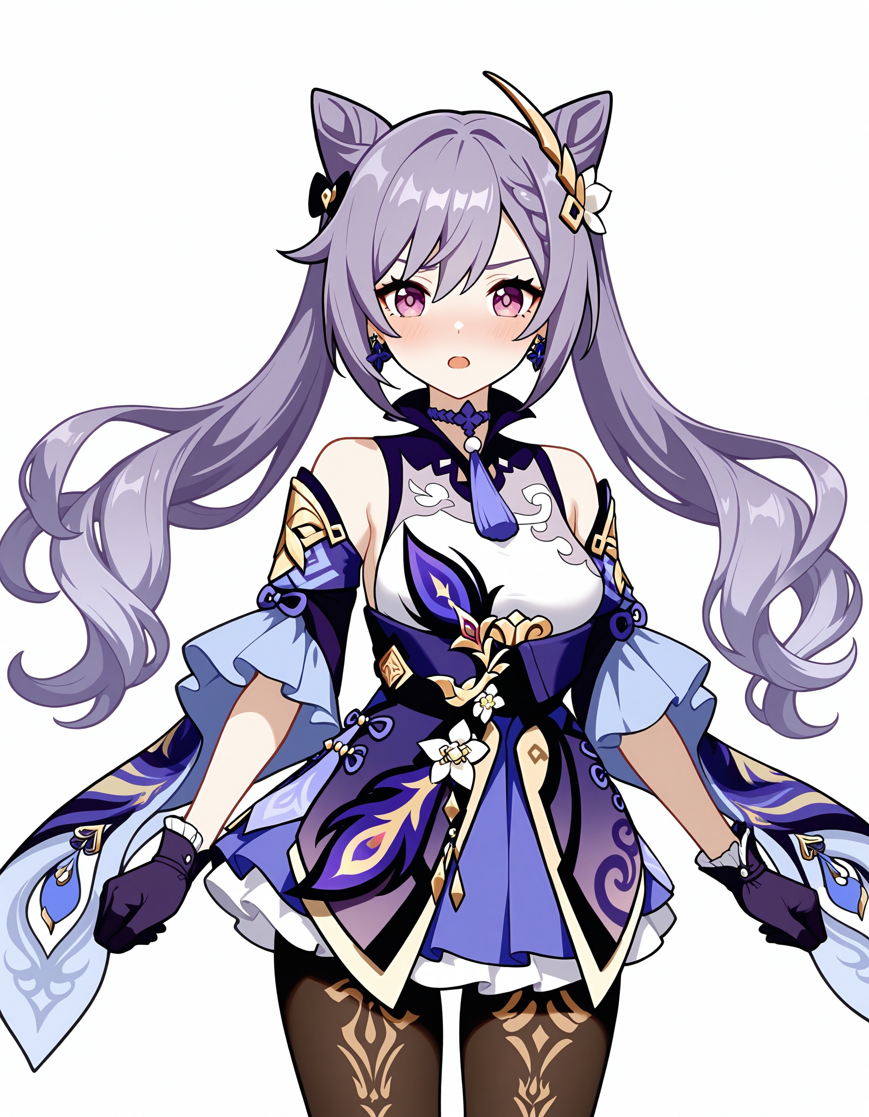 1girl,keqing \(genshin impact\),solo,looking at viewer,twintails,breasts,open mouth,simple background,cowboy shot,transparent background,medium breasts,flower,blush,double bun,white background,