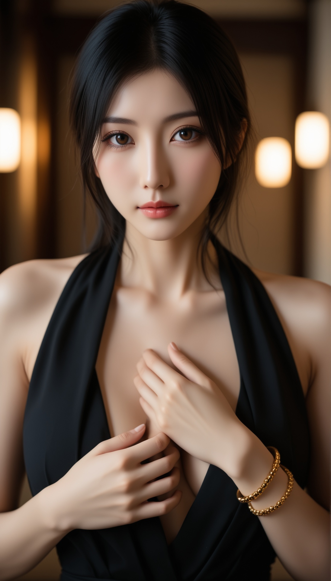 A high-quality photograph of a Japanese woman with long,  straight black hair and fair skin. She has a slender physique an...