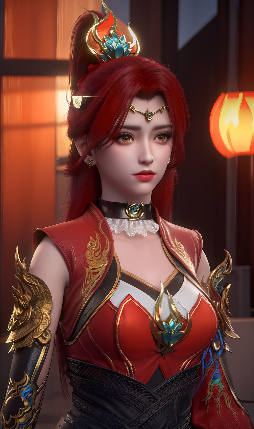 3D,masterpiece,(best quality),(makeup),official art, extremely detailed cg 8k wallpaper,((crystalstexture skin)), (extremely delicate and beautiful),(highly detailed),(face),(collar),(armor),(tiara),(ponytail),(1girl), (solo), (jewelry), (earrings),(tangerine_hair),(long_hair),(hair_ornament),(handwear),(breasts),((upper_body)),(bandage),(dress),(shiny_clothes),(city,outdoor),(multicolored_clothes),(multicolored_dress),,((looking_at_viewer)),((Facing the camera)),, <lora:hipoly3DModelLora_v10:0.3>