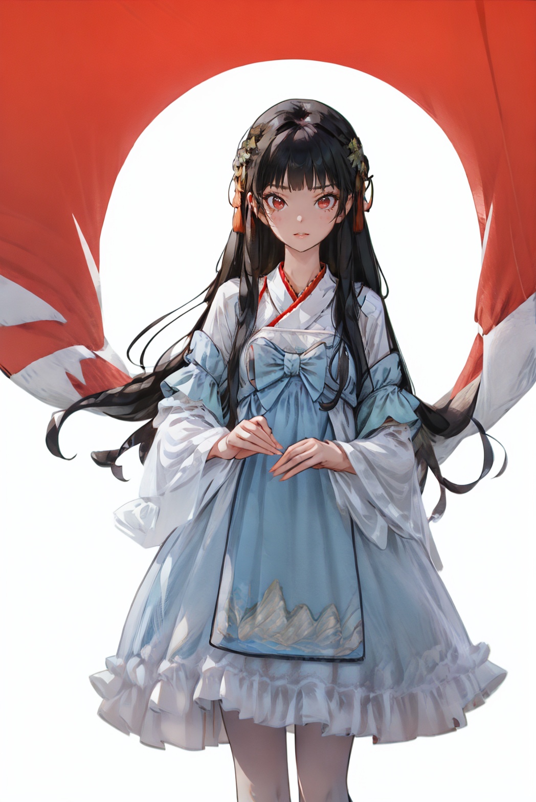 cinematic photo (illustration:1.1),official wallpaper,.,<lora:1幼+2or成熟-2 Mature-Cute:0.25>,<lora:2细节SYK_Mild detail adjuster_V1.0_256（MAX）:0.55>,.,.,.,full body,.,solo,pantyhose,.,.,sundress,red eyes,red hair,<lora:cns_attire_vol2_style3_v1:0.7>,cyb dress,chinese clothes,frills,halter dress,hair ornament, . 35mm photograph, film, bokeh, professional, 4k, highly detailed