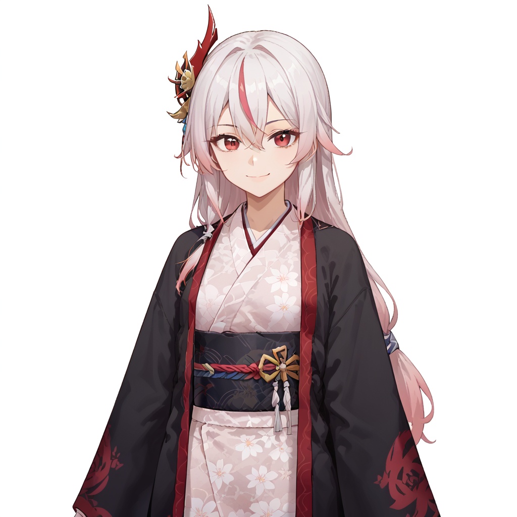 (white background:1.2),looking at viewer,(SOLO:1.4),outline,simple background,upper body, cowboy shot,looking at viewer,(((arms at side))),  fu hua,long hair, bangs, hair ornament, red eyes, hair between eyes, white hair, multicolored hair, streaked hair, smile, small breasts, red hair, pink hair,low-tied long hair,short kimono,jewelry,print kimono,pink kimono,long sleeves,kimono,japanese clothes,<lora:feiyue-pony:0.8>