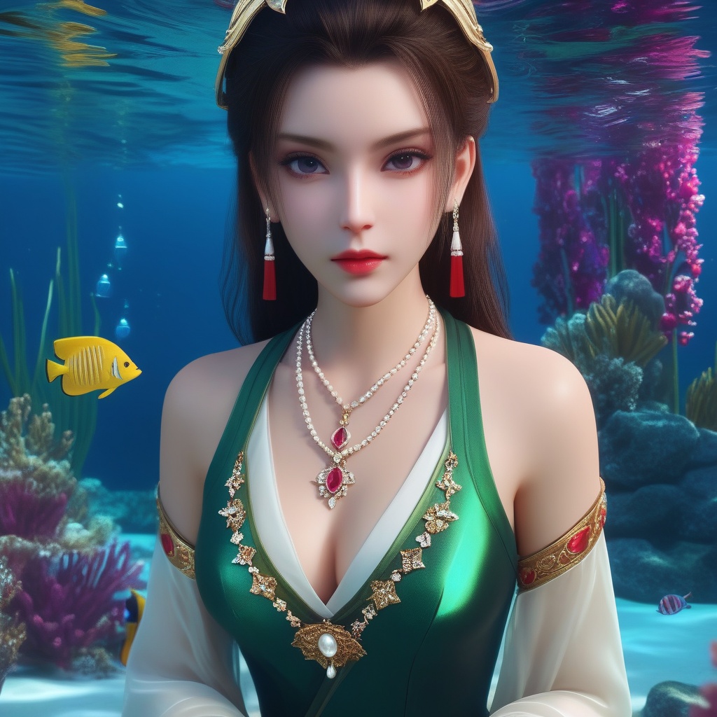 <lora:835-DA-XL-晏琉璃-婚服:0.8>, (,1girl, ,best quality, ),,masterpiece, ((((, solo,  , ,solo focus, ,underwater, )))) ,ultra realistic 8k cg,   clean, masterpiece,     cinematic lighting, cinematic bloom,  (( , )),, , unreal, science fiction, luxury, jewelry, diamond, gold, pearl, gem, sapphire, ruby, emerald, intricate detail, delicate pattern, charming, alluring, seductive, erotic，(sit), , enchanting, hair ornament, necklace, earrings, bracelet, armlet,,(cleavage),,