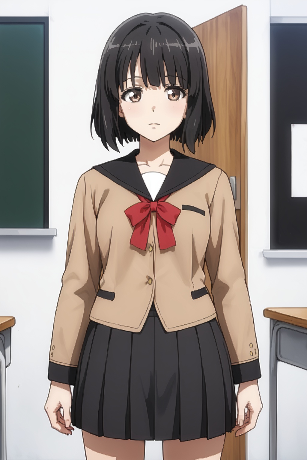 taiko satomi, short hair, 1girl, solo, bangs, black hair, brown eyes, school uniform<lora:Taiko Satomi:0.8>