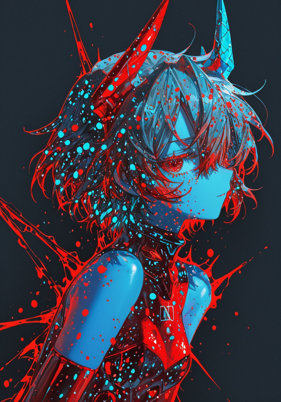 masterpiece, best quality, good quality, waterkuma, [quasarcake, rebecca \(keinelove\),masterpiece, best quality, good quality, anime,(best quality:1.2), 1girl, neat girl, plugsuit, detached sleeves, bare shoulders, simple background, short hair, stylish hair, upper body, high contrast, aqua, red, hearts, wings, horns, blue skin, flat color, splashes of color, colors mashing, colorful dots, paint splatter, very aesthetic, masterpiece, absurdres, best quality, amazing quality, very aesthetic, absurdres, (flat 2d vector style), (minimalist material icon:1.2), Ay-O, a character portrait, rayonism, (no lineart:1.3), masterpiece, best quality, good quality, quasarcake, [ningen mame], (rhasta:0.7), (rella:0.6)