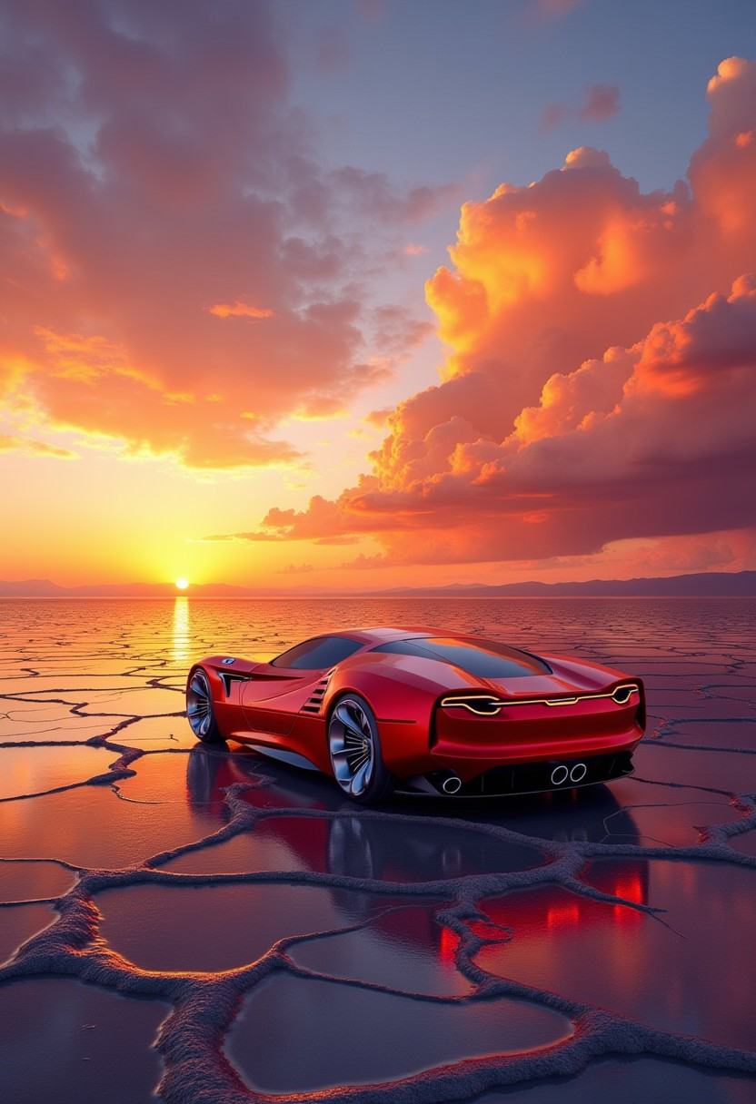 concept car on an endless dried lake at sunset,  beautiful clouds on Tensor.Art