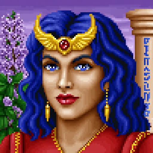 Original HoMM2 style portrait of a sorceress with blue wavy hair,  wearing a golden headpiece with stylized wings around a...