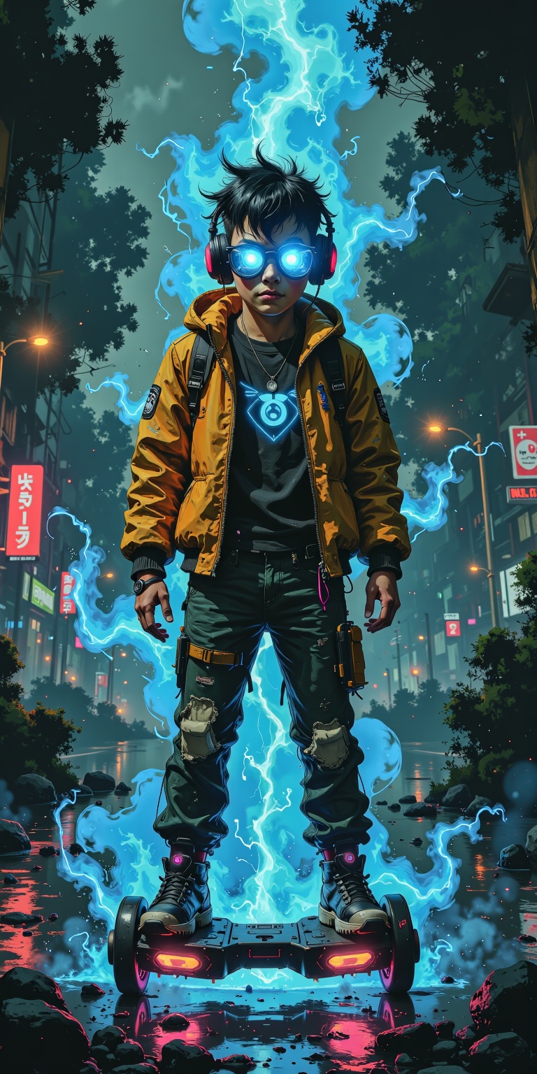 A cyberpunk teenager with blue glowing hair,  futuristic headphones,  and a hoverboard that emits neon energy on Tensor.Art