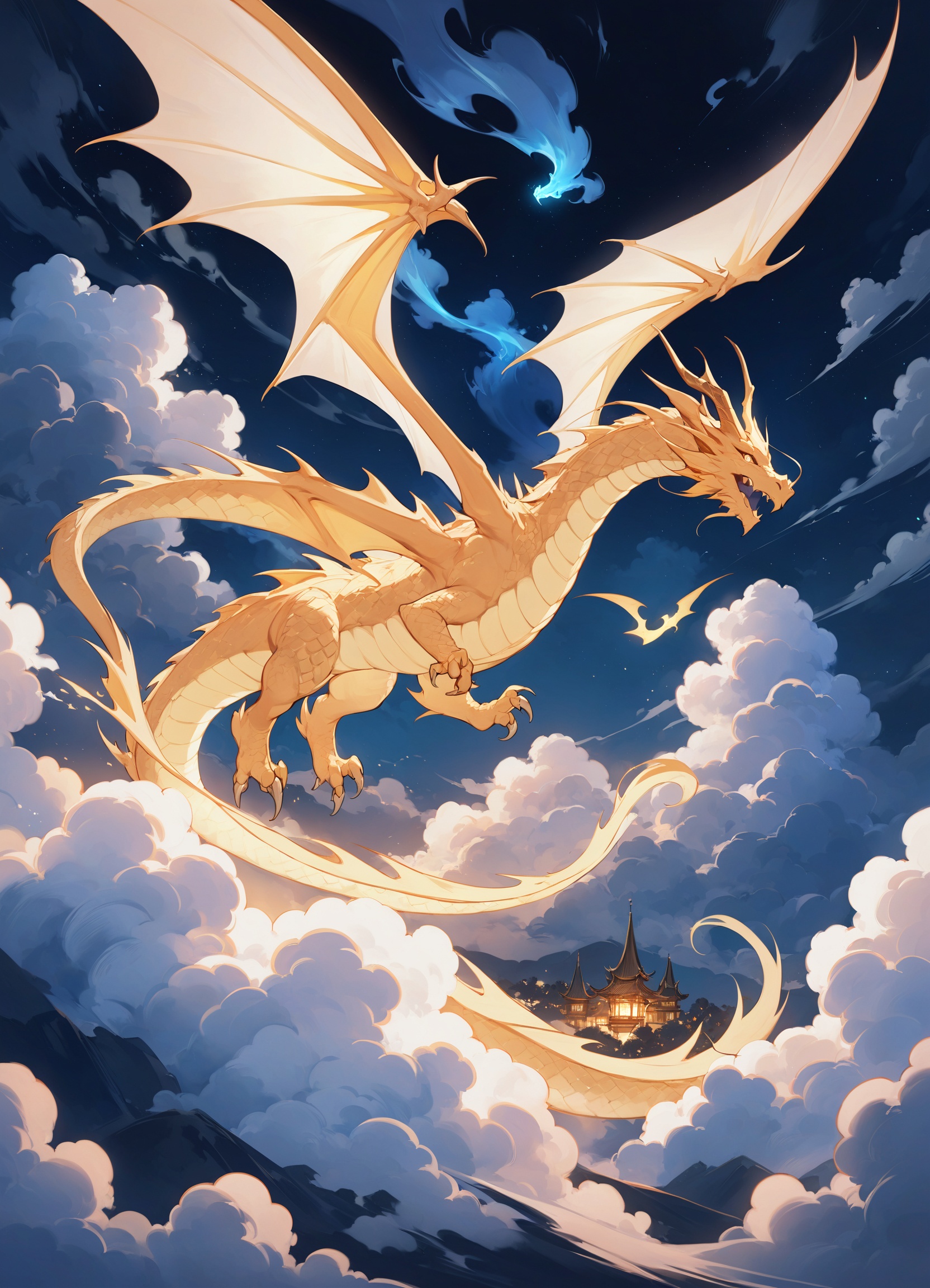 In the tranquil nocturnal sky, a resplendent dragon soars amidst billowing cumulus clouds, casting a mystical glow with its presence, evoking a sense of wonder and ethereal beauty.