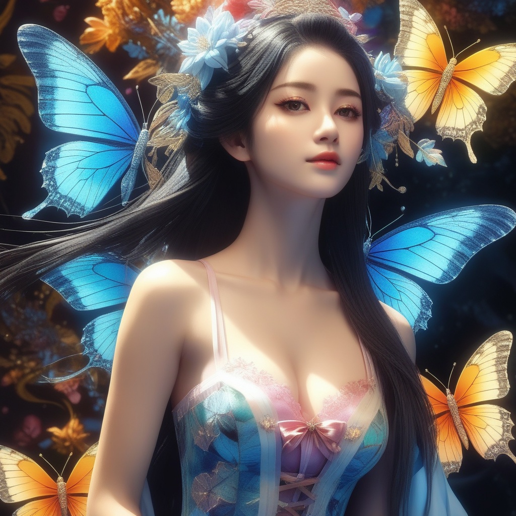 <lora:831-DA-XL-国风E:0.8>, (,1girl, ,best quality, ),,,anime,(masterpiece, top quality, best quality, official art, beautiful and aesthetic:1.2), (1girl)	, , (cleavage),, extreme detailed,(fractal art:1.3),colorful, flowers ,highest detailed,()    (cleavage),butterfly,  (),