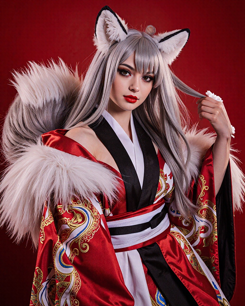This is a highly detailed photograph of a person dressed in an elaborate,  cosplay-style outfit. The individual is a femal...