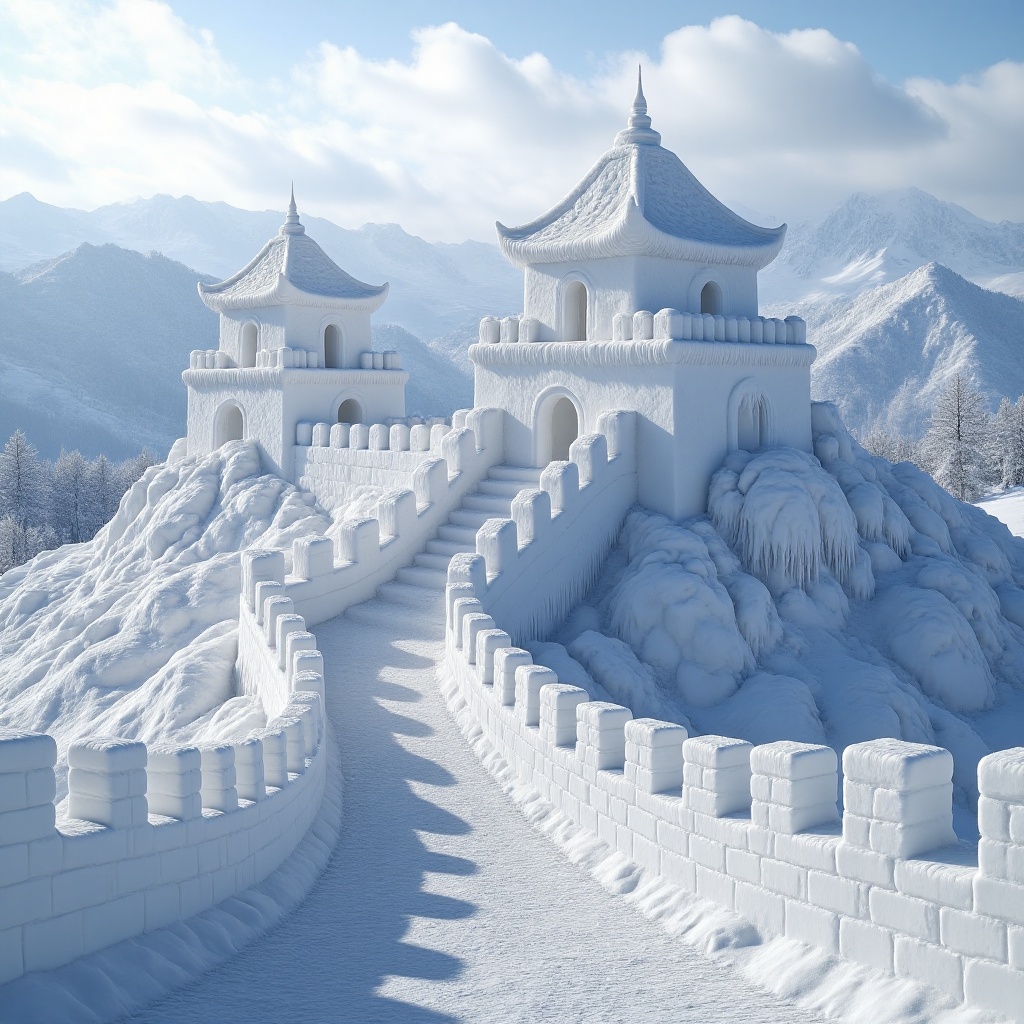 XUEDIAO,  A snow sculpture of the Great Wall,  winding walls covered in thick snow on Tensor.Art