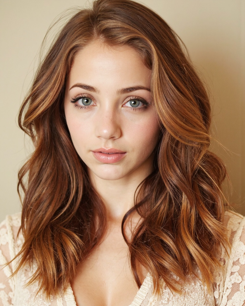 A close-up portrait of emily_rudd with light skin and long,  wavy,  auburn hair cascading over her shoulders. She has stri...