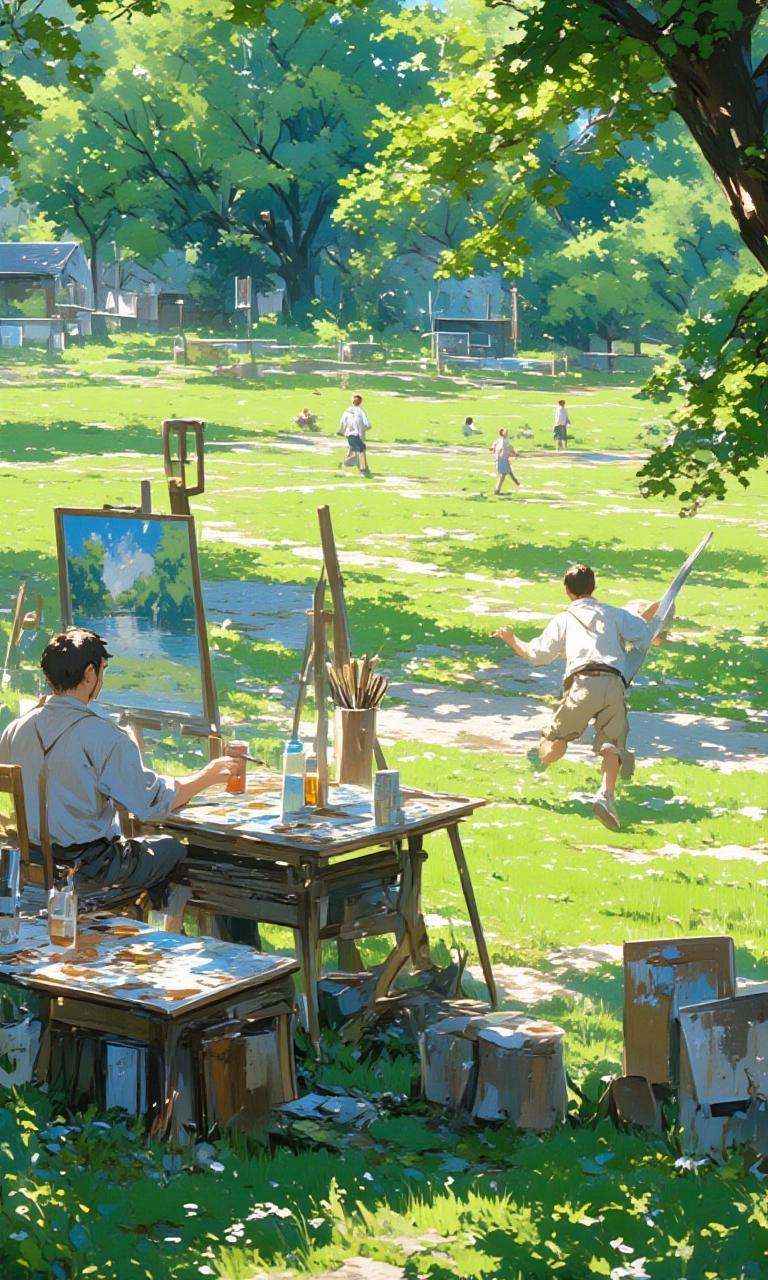 Depicts a painter painting in a park with his palette and brushes on the table beside him while another painter runs aroun...