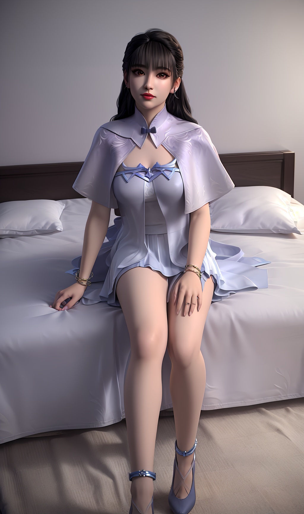 3D,masterpiece,(best quality),(makeup),official art, extremely detailed cg 8k wallpaper,((crystalstexture skin)), (extremely delicate and beautiful),(highly detailed),(face),(collar),(bracelet),(1girl), (solo), (jewelry), (earrings),(black_hair),(long_hair),(hair_ornament),(handwear),(breasts),(sitting),(full_body,whole_body),(closed_mouth),(dress),(shorts_skirt),(shawl),(shiny_clothes),(long_legs),(socks),(anklet),(city,indoor,(bed)),((looking_at_viewer)),((Facing the camera)),(high_heels),(blue_high_heels),, <lora:hipoly3DModelLora_v10:0.3>