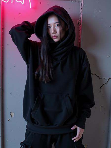 mad-cbrpnkhd02,  front view of a woman wearing black hoodie,  hood down on Tensor.Art