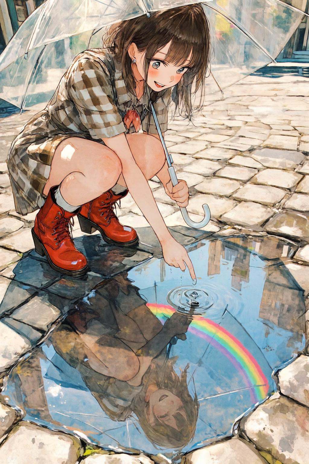 nijiwatercolor1q anime illustration. Low angle view of a girl in a checked dress and red boots smiles as she looks into a...