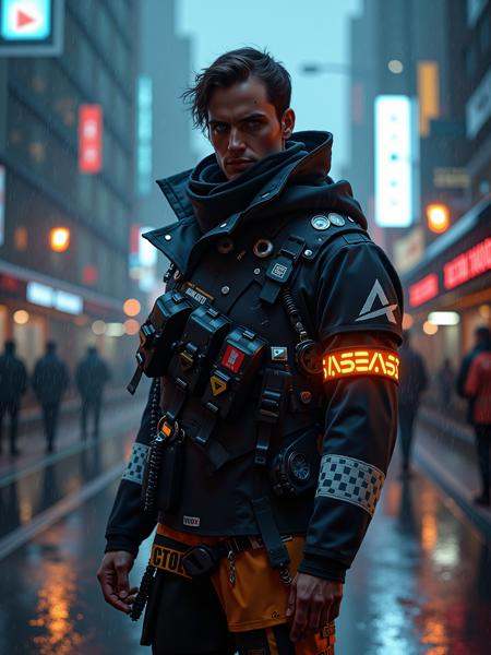 man wearing mad-cbrpnkotft01 outfit standing in the rain of cyberpunk city on Tensor.Art