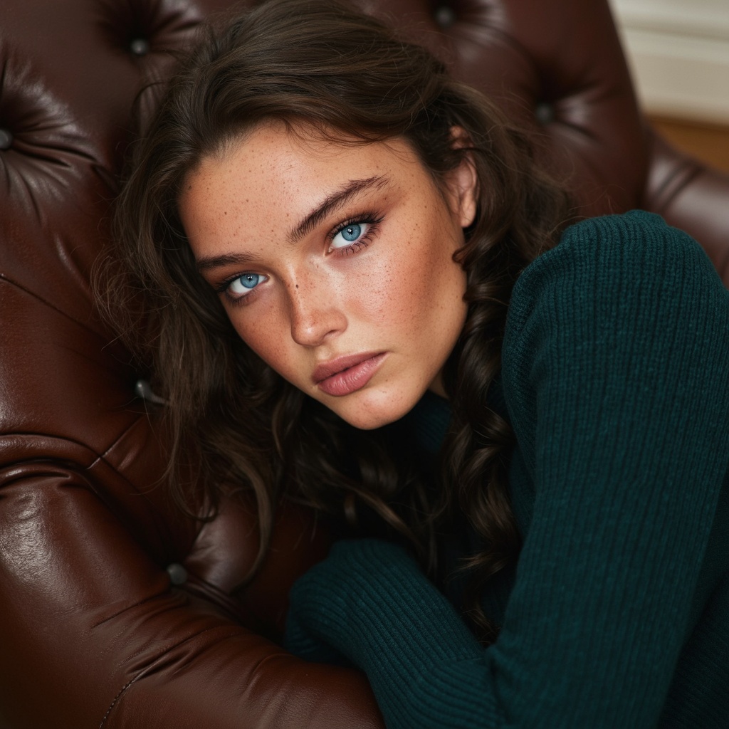 A portrait of sydney_melman with striking blue eyes, captured in a close-up shot. She rests her head on a plush, tufted brown leather armchair. She wears a dark green, ribbed sweater and her hair is styled in loose curls. Soft lighting casts a gentle glow on her face, highlighting her features and the texture of the leather. The background is blurred, emphasizing the subject. The overall mood of the image is serene and contemplative.