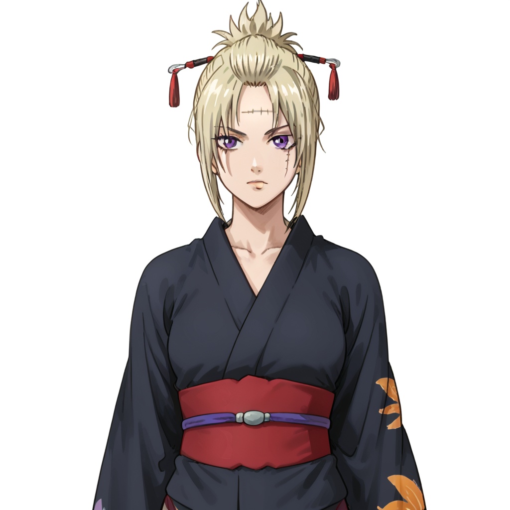 (white background:1.2),looking at viewer,(SOLO:1.4),outline,simple background,upper body, cowboy shot,looking at viewer,(((arms at side))),  tsukuyo, kimono, ninja, hair_ornament, blonde hair, scar, japanese clothes, kiseru, thighhighs, fishnets, scar on face, folded ponytail, purple eyes, detached sleeves, long sleeves, jewelry, kunai, print kimono, parted bangs, scar on forehead<lora:Tsukuyo-pony:0.8>